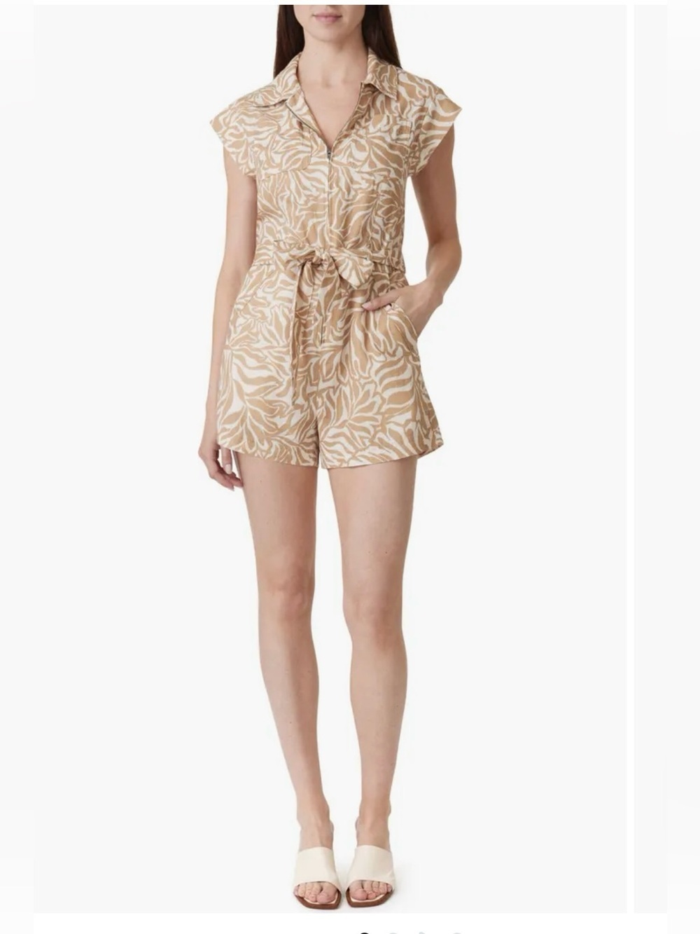 Habitual Zip-Up Linen Blend Romper size: L color: beige, light brown